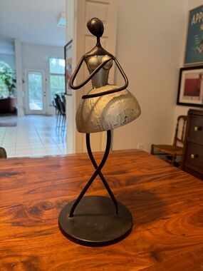 Vintage Metal Ballerina Figurine in Silver and Black - Decorative Home Art 16.5”